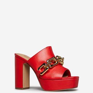 SHOEDAZZLE LADIES SLIP-ON 1" PLATFORM EMBELLISHED MULE SANDAL 4" CHUNKY HEEL